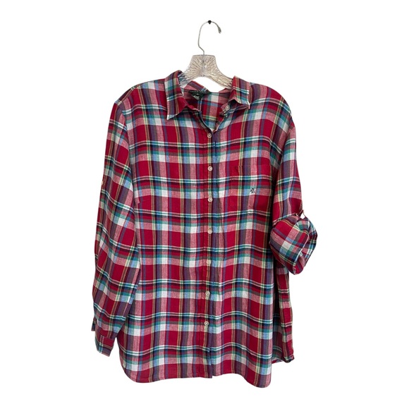 Ralph Lauren Red Plaid Linen Roll Up Long Sleeve Button Up Shirt Plus size 1X - Picture 1 of 12